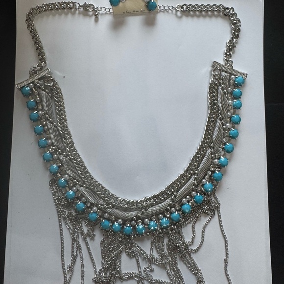 None Jewelry - Silver and Blue Statement Necklace and Earrings
0504